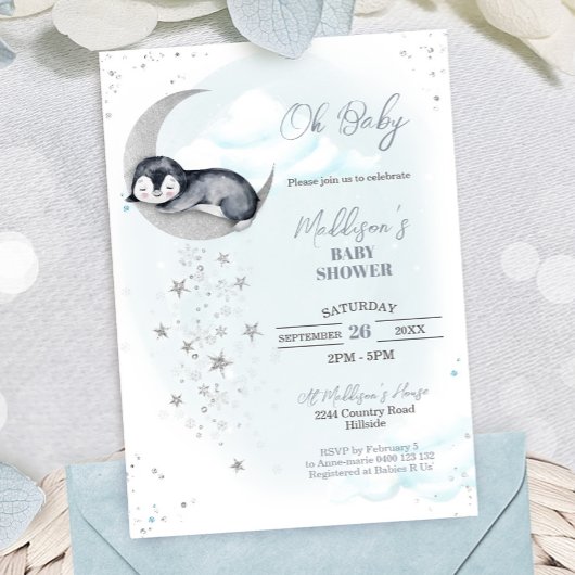 Penguin Moon Baby Shower Invitation Einladung