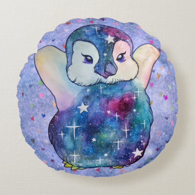 Penguin named Button Rundes Kissen (Vorderseite)