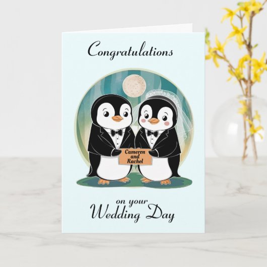 Penguin Personalisiert Wedding Karte (Gelbe Blume)