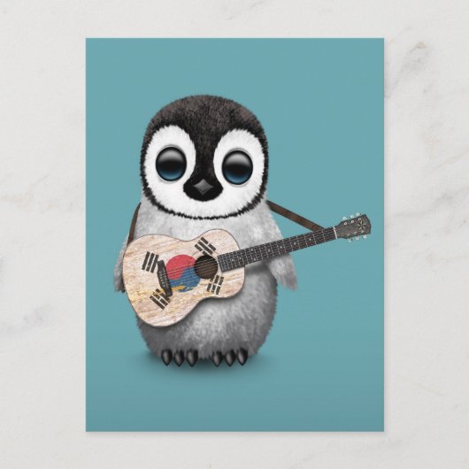 Penguin Playing South Korean Flag Guitar Blue Postkarte (Vorderseite)
