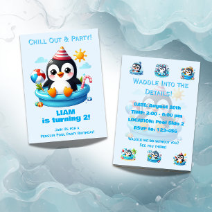 Penguin-Poolparty-Geburtstagseinladung Jungen Einladung