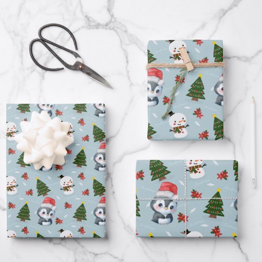 Penguin Santa Happy Frohe Weihnachtsbaumstruktur M Geschenkpapier Set (Vorderseite)