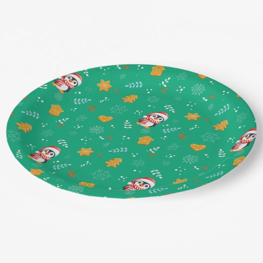 Penguin Santa Happy Frohe Weihnachtsbaumstruktur M Pappteller (Schrägansicht)