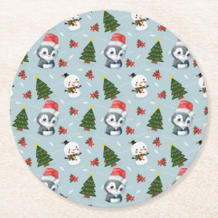 Penguin Santa Happy Frohe Weihnachtsbaumstruktur M Runder Pappuntersetzer
