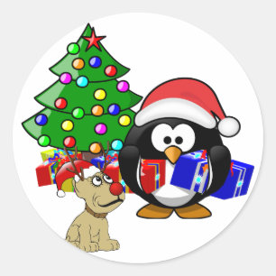 Penguin Santa und Rentier Dog Runder Aufkleber
