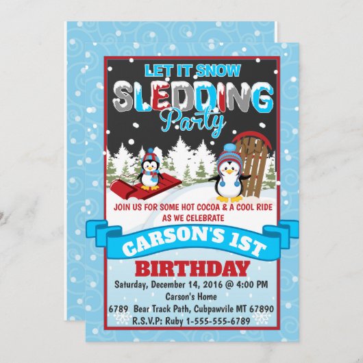 Penguin Sledding Geburtstagsparty Einladung (Vorne/Hinten)