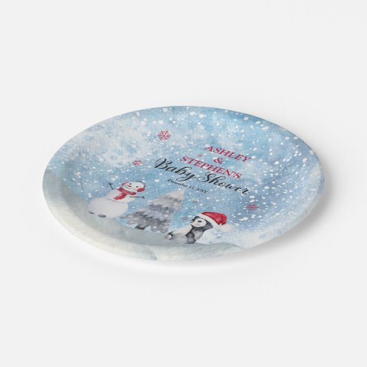 Penguin Snowman Winter Boy Baby Dusche Pappteller (Schrägansicht)