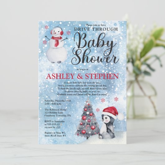 Penguin Snowman Winter Drive Thru Boy Baby Dusche Einladung (Stehend Vorderseite)