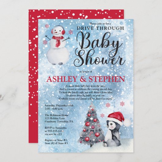 Penguin Snowman Winter Drive Thru Boy Baby Dusche Einladung (Vorne/Hinten)