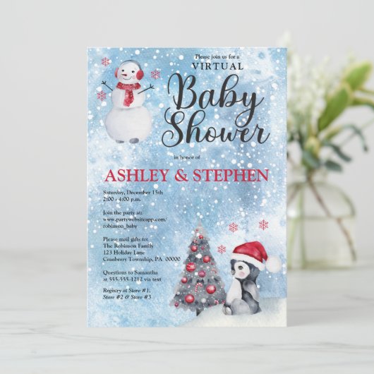 Penguin Snowman Winter Virtual Boy Baby Dusche Einladung (Stehend Vorderseite)