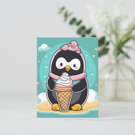 Penguin Summer and Ice Creme Postkarte (Stehend Vorderseite)