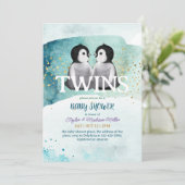 Penguin Twin Winter Thema Baby Boy Dusche Einladung (Stehend Vorderseite)