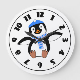 Penguin Wearing A Scarf Clock Große Wanduhr