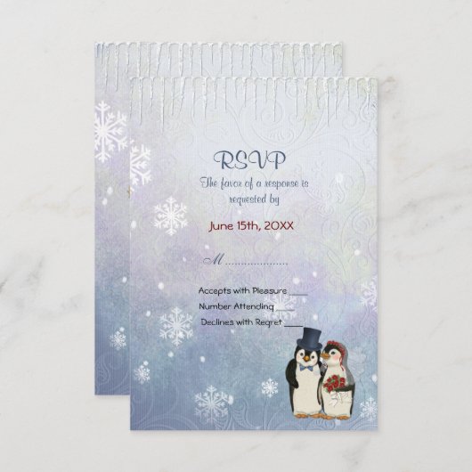 Penguin Wedding with Snowflakes - UAWG RSVP Karte (Vorne/Hinten)