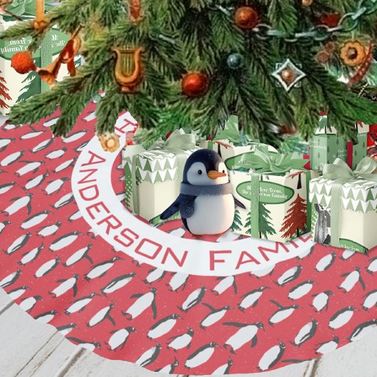 Penguin Weihnachten Familienname und Schneeflocken Polyester Weihnachtsbaumdecke