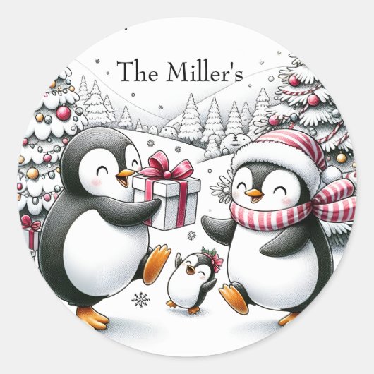 Penguin Weihnachtssticker Personalisiert Runder Aufkleber (Vorderseite)