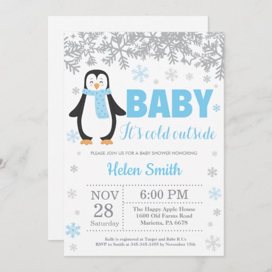 Penguin Winter Blue Boy Baby Showflake Einladung (Vorne/Hinten)