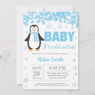 Penguin Winter Blue Boy Baby Showflake Einladung