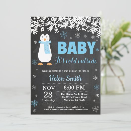 Penguin Winter Boy Baby Duschkabine Einladung (Stehend Vorderseite)