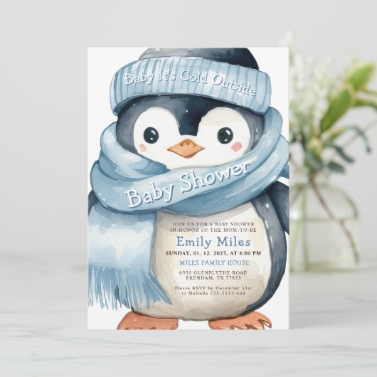 Penguin Winter Boy Babydusche Einladung (Stehend Vorderseite)