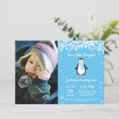 Penguin Winter Boy Birthday Foto Einladung (Stehend Vorderseite)