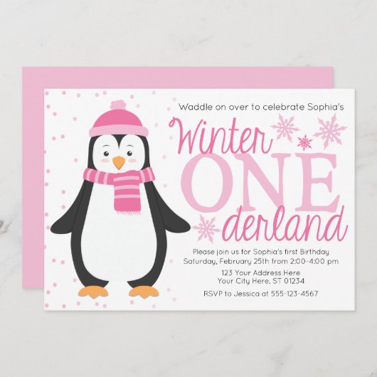 Penguin Winter ONEderland Geburtstagseinladung Einladung (Vorne/Hinten)