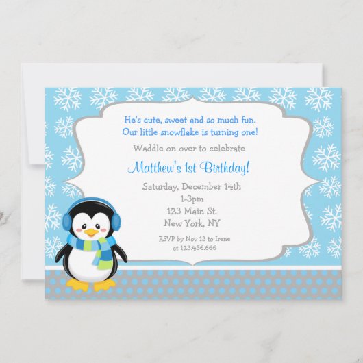 Penguin Winter Snowflake Birthday Invitations Einladung (Vorderseite)