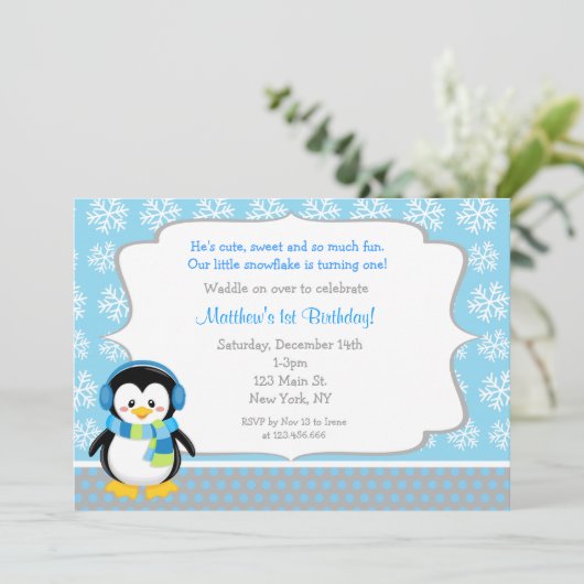 Penguin Winter Snowflake Birthday Invitations Einladung (Stehend Vorderseite)
