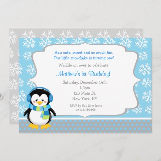 Penguin Winter Snowflake Birthday Invitations Einladung (Vorne/Hinten)