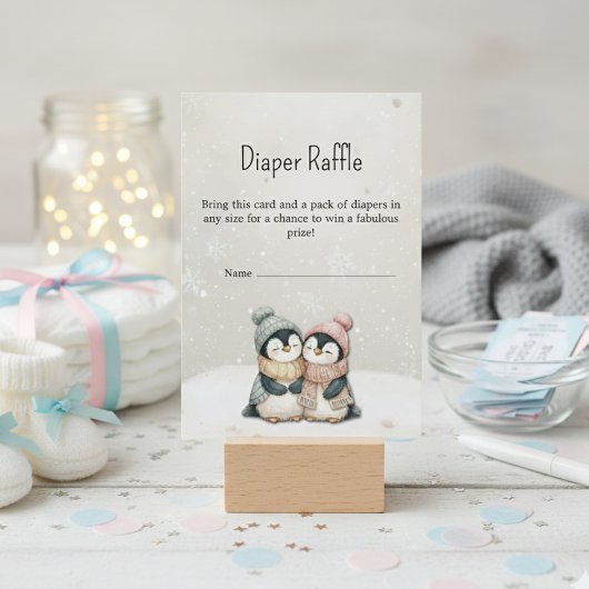 Penguin winter twin baby shower Diaper Raffle Begleitkarte