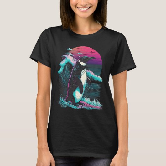 Penguin with a Retro Twist Sunset Vaporwave Aesthe T-Shirt (Vorderseite)