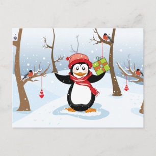 Penguin with Christmas gift winter landscape Feiertagspostkarte
