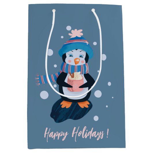 Penguin with Hot Cocoa Blue Holiday Gift Bag Mittlere Geschenktüte (Vorderseite)