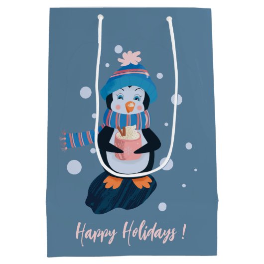 Penguin with Hot Cocoa Blue Holiday Gift Bag Mittlere Geschenktüte (Rückseite)