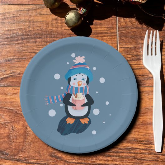 Penguin with Hot Cocoa Blue Holiday Paper Plate Pappteller