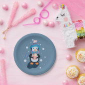 Penguin with Hot Cocoa Blue Holiday Paper Plate Pappteller (Party)
