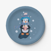 Penguin with Hot Cocoa Blue Holiday Paper Plate Pappteller (Vorderseite)