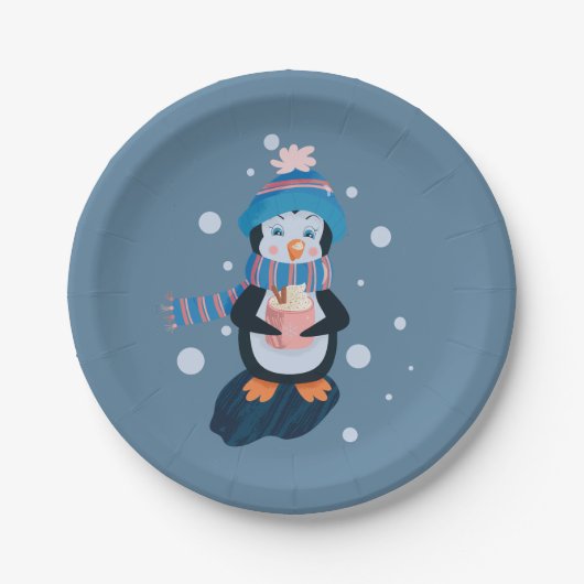 Penguin with Hot Cocoa Blue Holiday Paper Plate Pappteller (Vorderseite)