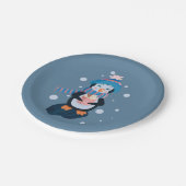 Penguin with Hot Cocoa Blue Holiday Paper Plate Pappteller (Schrägansicht)