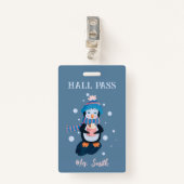 Penguin with Hot Cocoa Winter Blue Hall Pass Badge Ausweis (Vorderseite mit Klammer)