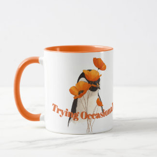 Penguin with Orange Poppy Flowers Botanical Art T- Tasse