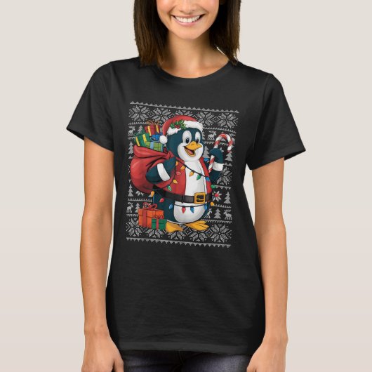 Penguin Xmas Sweater Style Ugly Santa Penguin Chri T-Shirt (Vorderseite)