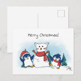 Penguins building a snowman christmas  feiertagspostkarte