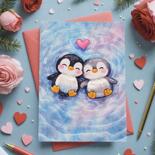 Penguins Float In Love Sweet Watercolor Valentine Karte