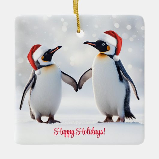 Penguins Happy Holidays Weihnachten Keramikornament (Vorderseite)