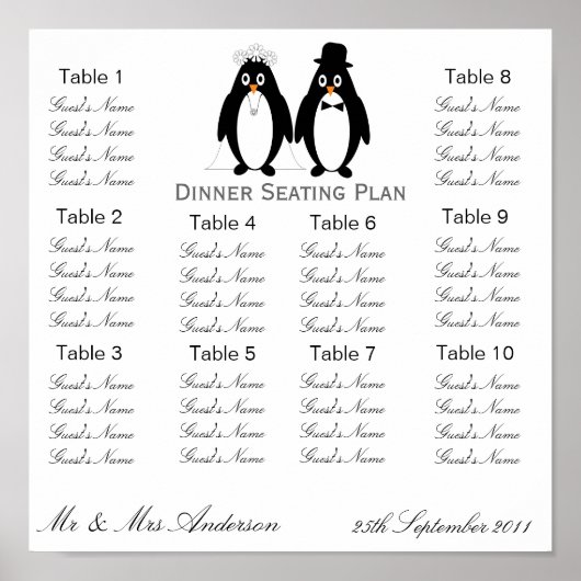 Penguins Hochzeitsessen - Sitzplan Poster (Vorne)