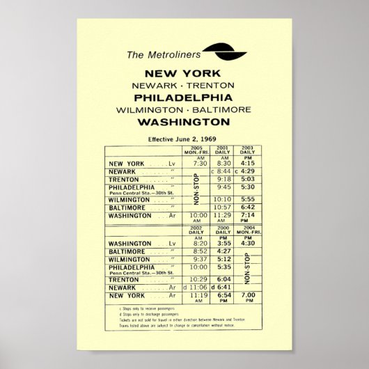 Penn Central Railbahn Metroliner Fahrplan Poster (Vorne)