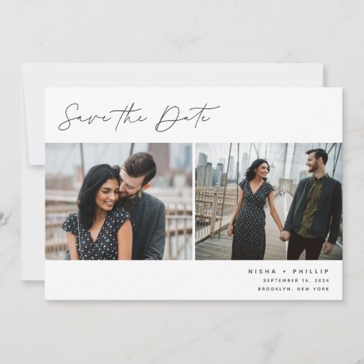 Penned Script | Modernes Elegantes Zwei-Foto Save The Date (Vorderseite)