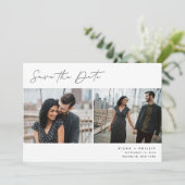 Penned Script | Modernes Elegantes Zwei-Foto Save The Date (Stehend Vorderseite)