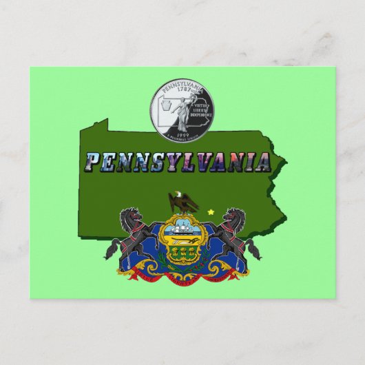 Pennsylvania-Karte, Quarter, Flag und Bildtext Postkarte (Vorderseite)